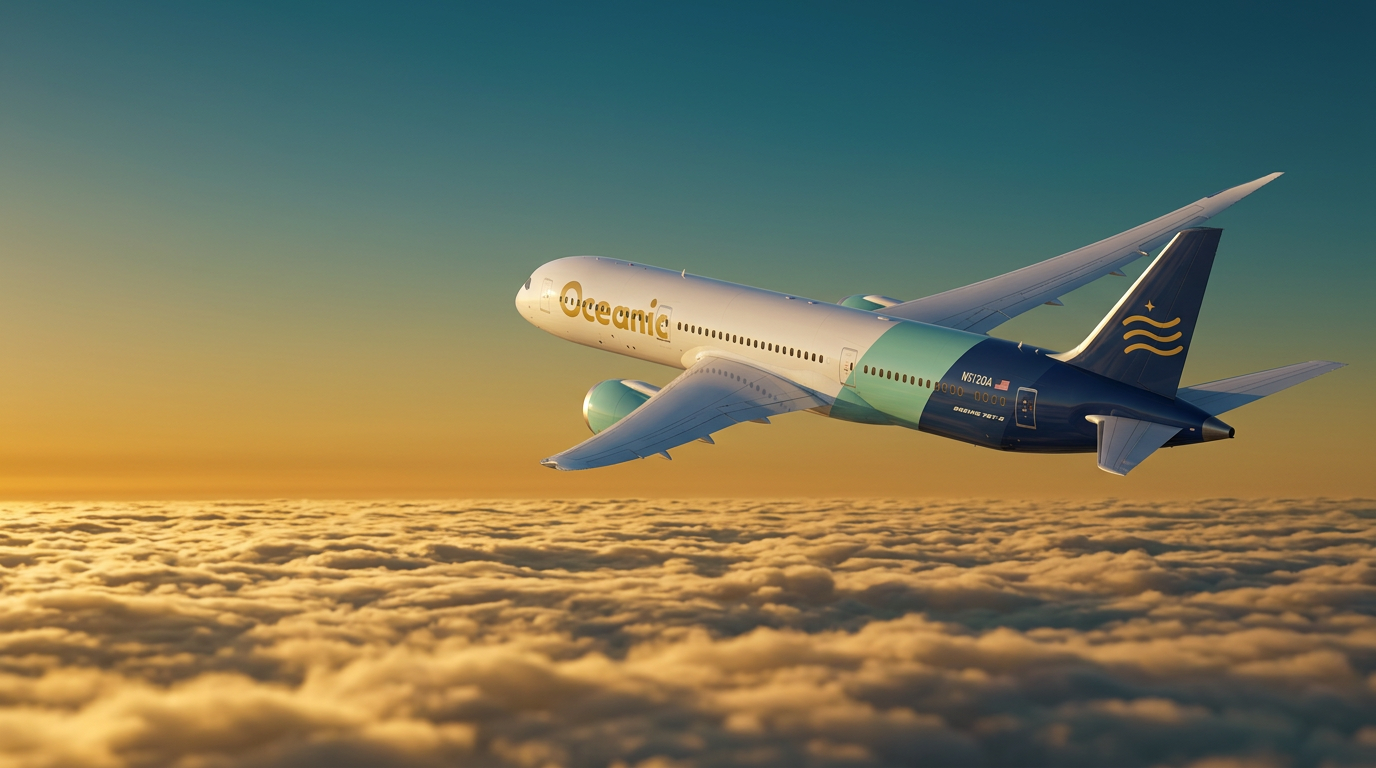 Oceanic Airways aircraft at sunset